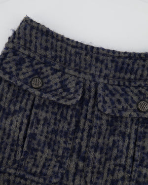 Chanel Grey, Navy Wool Jacket and Mini Skirt Set with Silver CC Buttons Size FR 34 (UK 6)