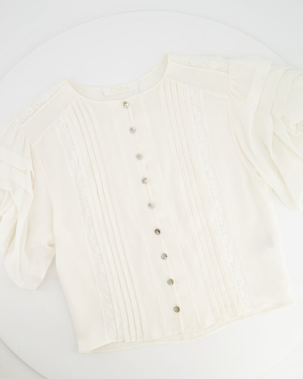 Chloé White Silk Cardigan Top with Embroideries and Silver Buttons Size FR 36 (UK 8)