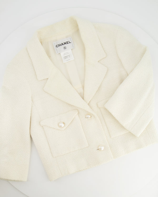Chanel Cream Tweed Cropped Jacket with Pearl and CC Button Details Size FR 34 (UK 6)