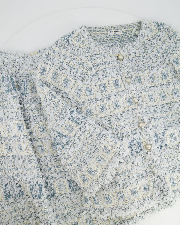 Chanel Baby Blue Metallic Tweed Embellished Jacket and Midi Skirt Set Size FR 34 (UK 6)