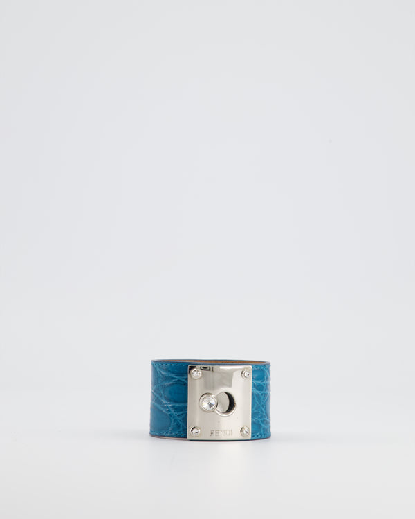 Fendi Blue Croc Cuff Bracelet With Silver Hardware and Crystal Embellishment