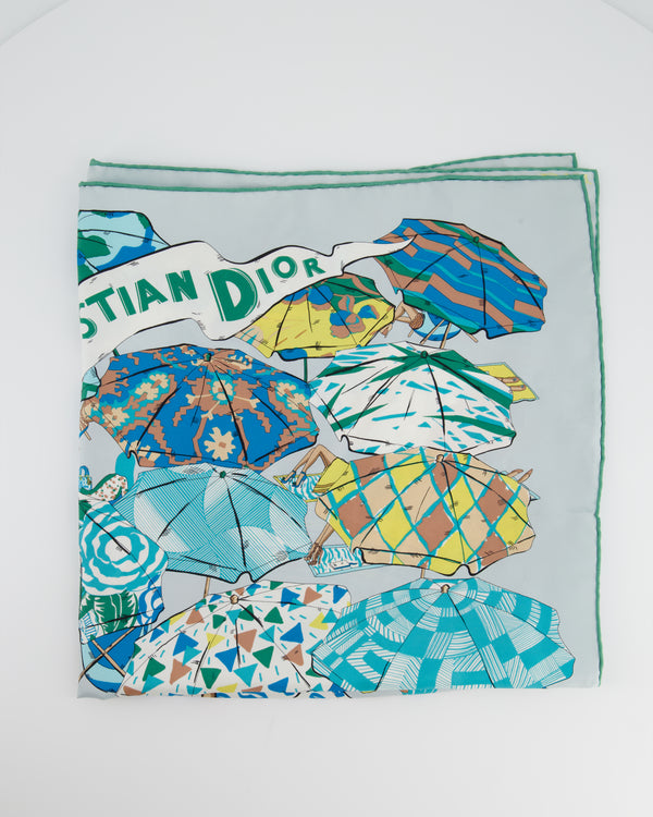 Christian Dior Vintage Green, Light Blue and Yellow Silk Scarf with Umbrella Motif