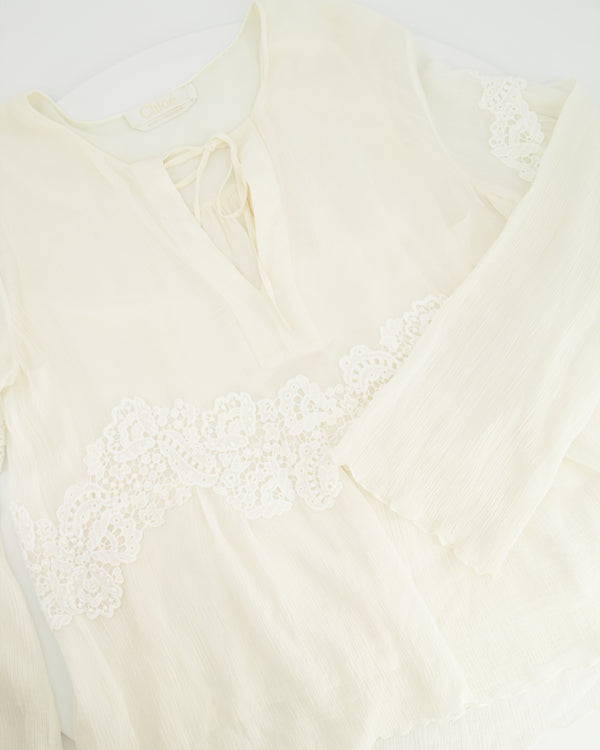 Chloé Cream Long-Sleeve Top with Embroideries and Cut-Out Detail FR 38 (UK 10)