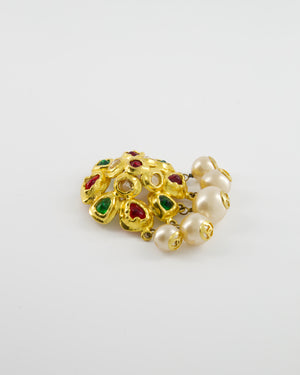 Chanel Vintage Yellow Gold Camelia Brooch with Multi-Colour Stones and Pearls