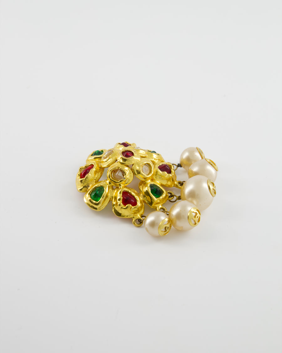 Chanel Vintage Yellow Gold Camelia Brooch with Multi-Colour Stones and Pearls