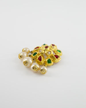 Chanel Vintage Yellow Gold Camelia Brooch with Multi-Colour Stones and Pearls