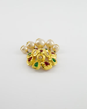 Chanel Vintage Yellow Gold Camelia Brooch with Multi-Colour Stones and Pearls