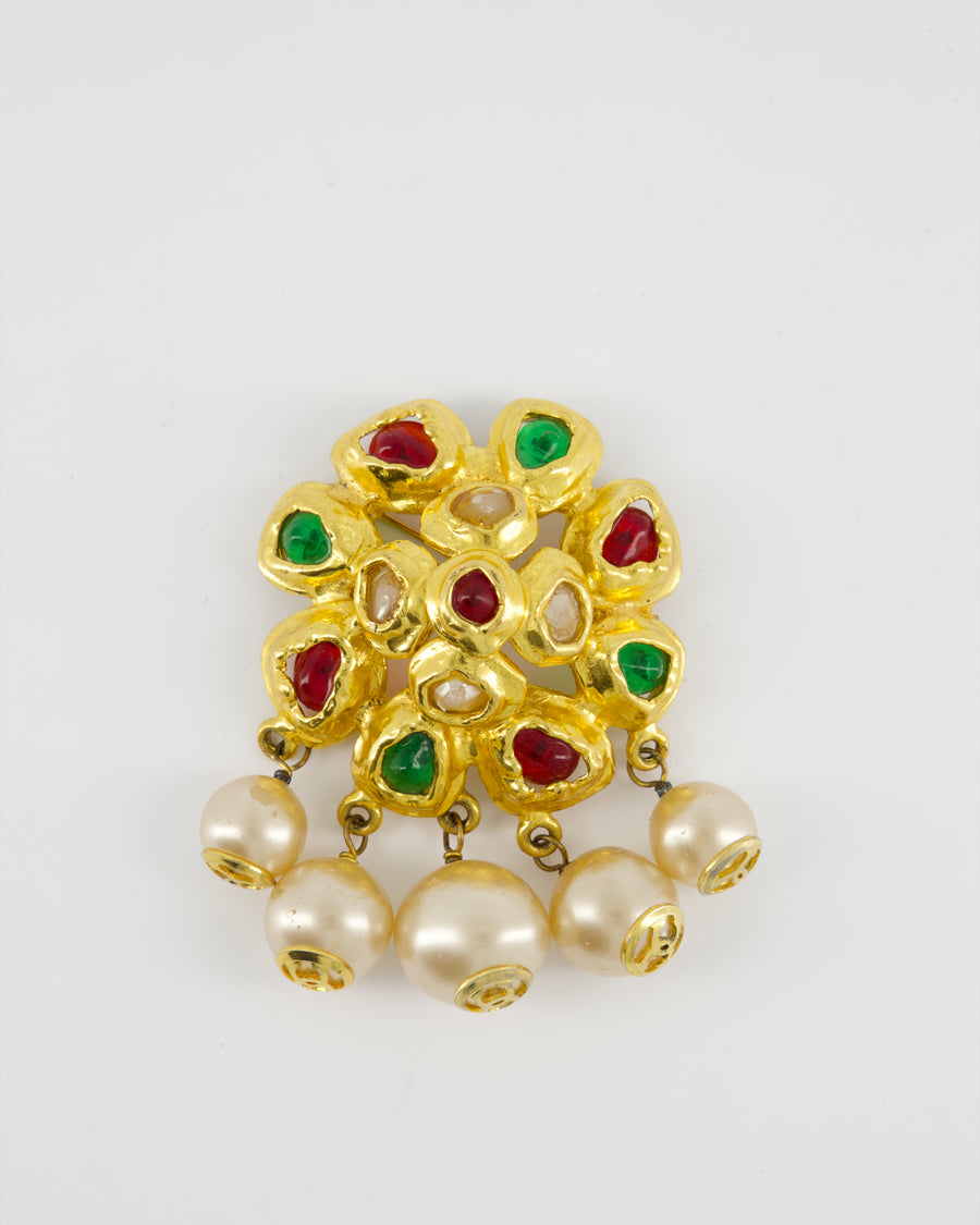 Chanel Vintage Yellow Gold Camelia Brooch with Multi-Colour Stones and Pearls