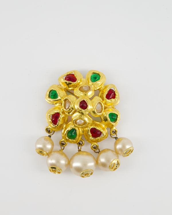Chanel Vintage Yellow Gold Camelia Brooch with Multi-Colour Stones and Pearls