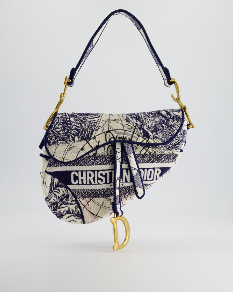 Christian Dior Blue and White 'Around the World' Embroidery Saddle Bag with Antique Gold Hardware RRP £3115