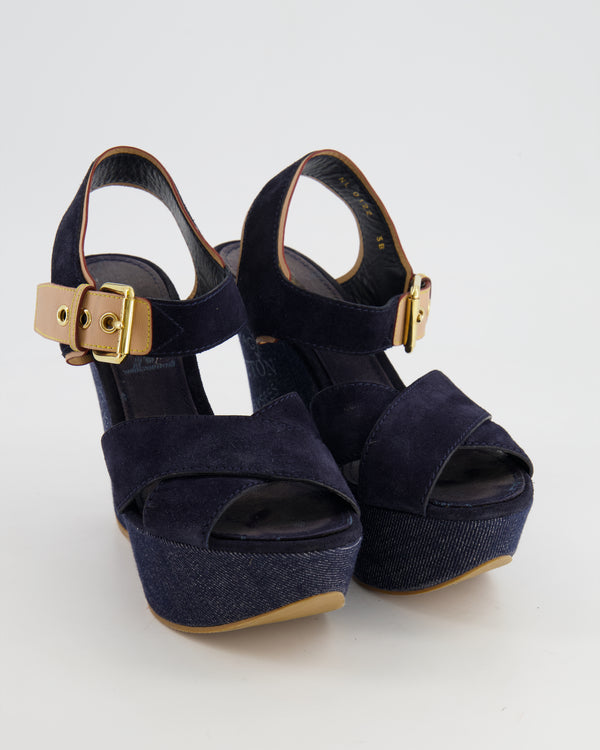 Louis Vuitton Navy Denim Wedge Sandals with Beige Leather Buckle and Logo Size EU 38 RRP £860