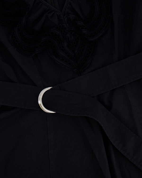 Parosh Black Long-Sleeve Mini Dress with Crochet and Belt Detail Size IT 42 (UK 10)