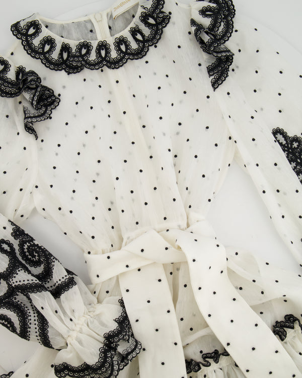 Zimmermann White and Black Polka Dot Long-Sleeve Linen Silk Mini Dress with Belt Detail Size 2 (UK 12)