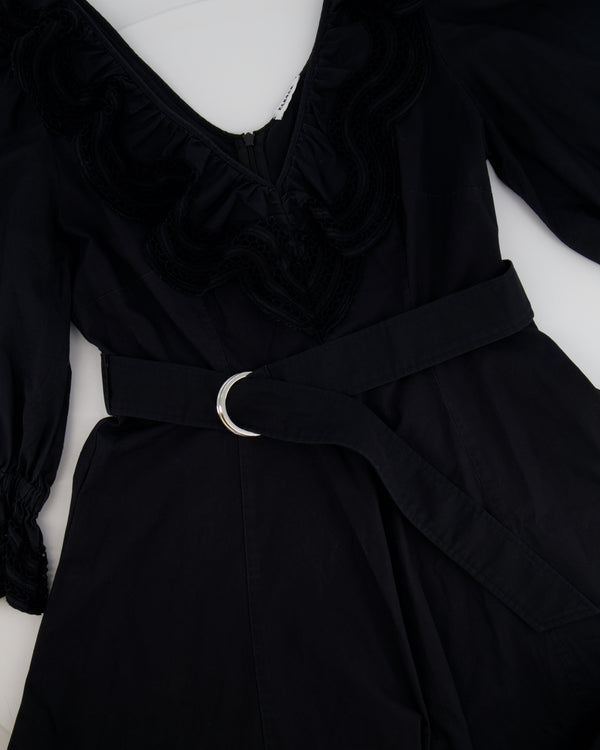 Parosh Black Long-Sleeve Mini Dress with Crochet and Belt Detail Size IT 42 (UK 10)