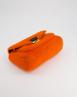 Fendi Orange Shearling Baguette Bag with Gold Hardware