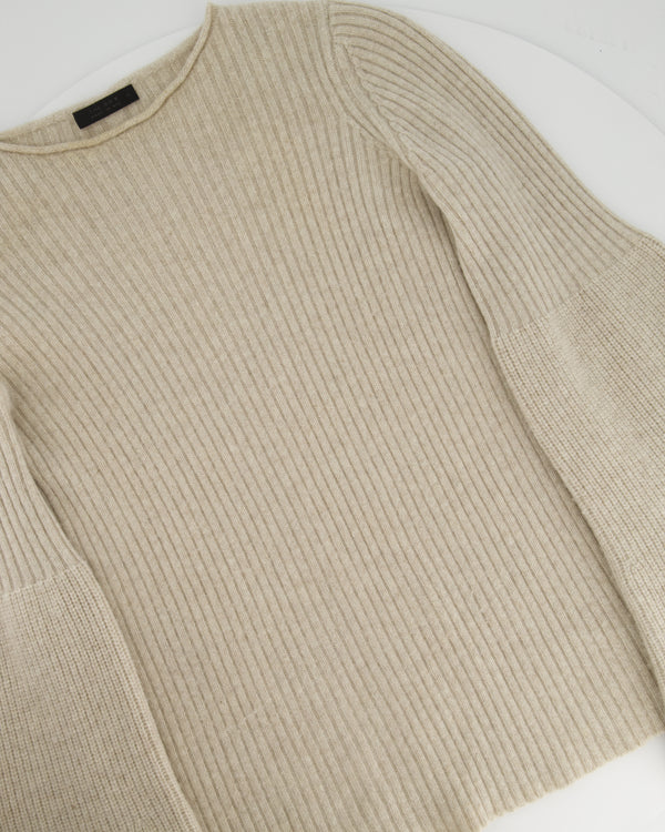 The Row Oatmeal Round Neck Ribbed Cashmere Knit Jumper with Bell Sleeves Size XS (UK 6)