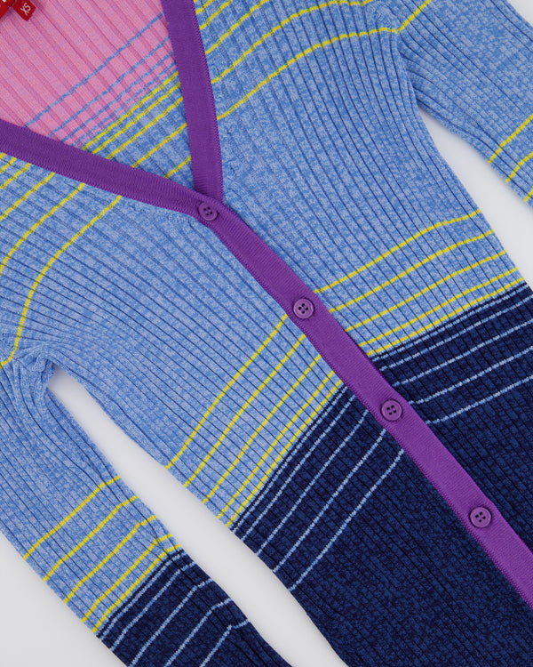 Staud Blue & Pink Ribbed Knit Cardigan Size XS (UK 6)