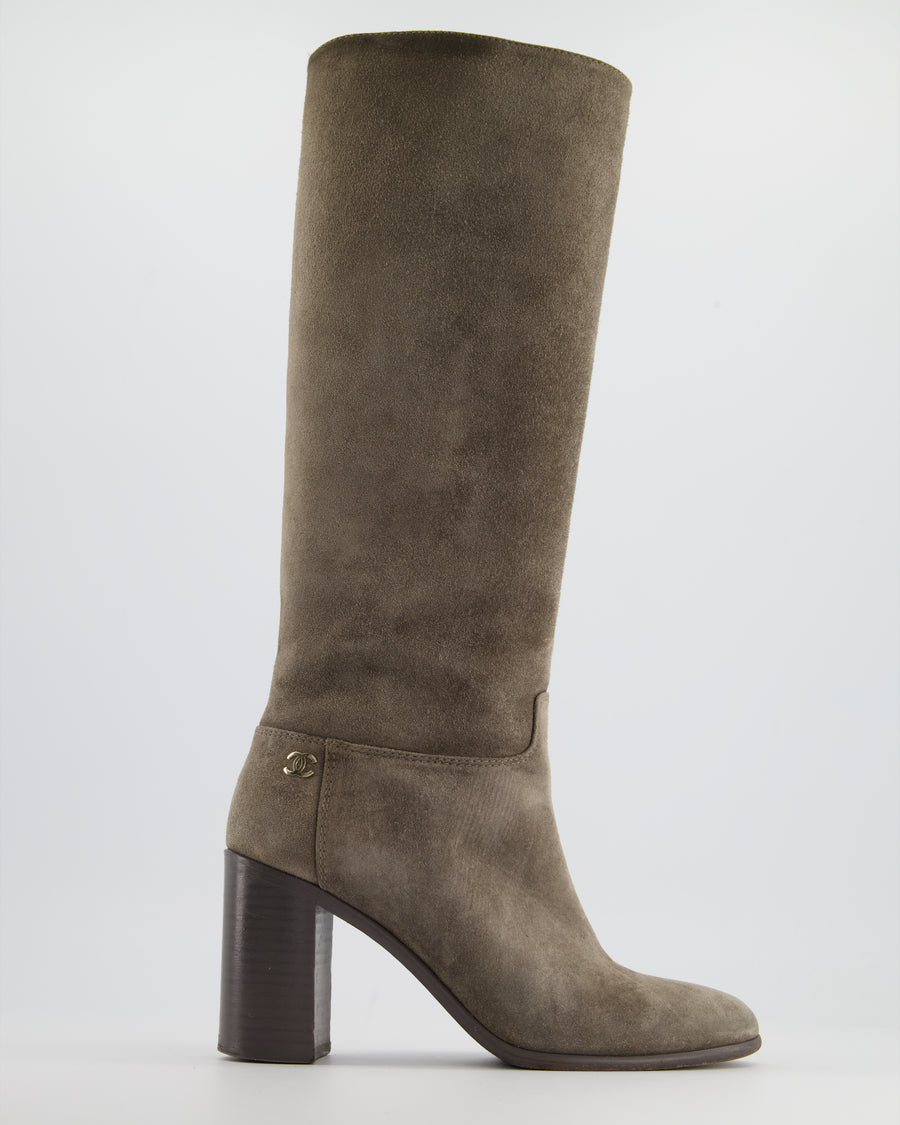 Chanel Grey Suede Heeled Boots with CC Logo Detail Size EU 37.5
