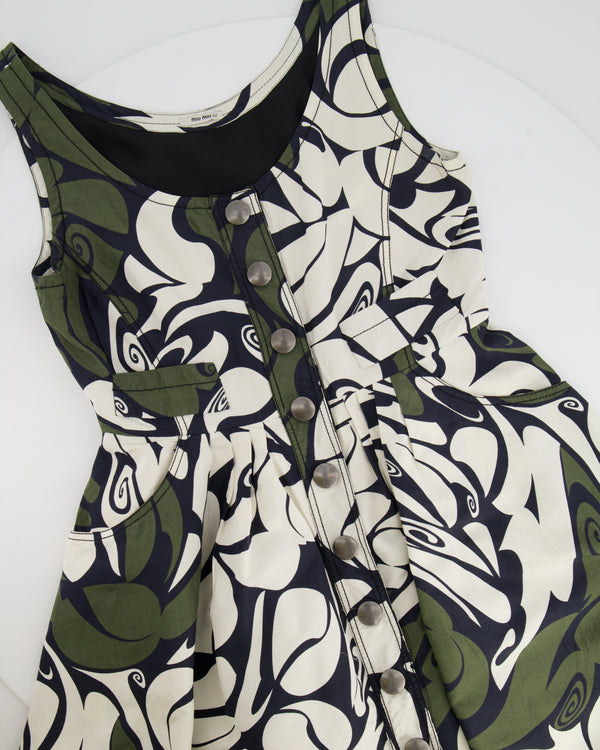 Miu Miu Khaki, White and Black Printed Silk Button-Down Mini Dress Size IT 42 (UK 10)
