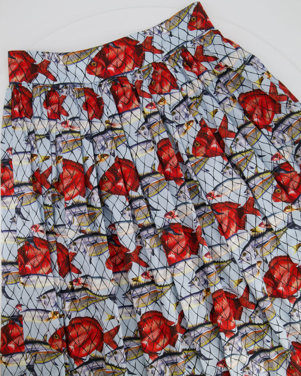Dolce & Gabbana Baby Blue and Red Fish Printed Cotton Midi Skirt Size IT 42 (UK 10) RRP £985