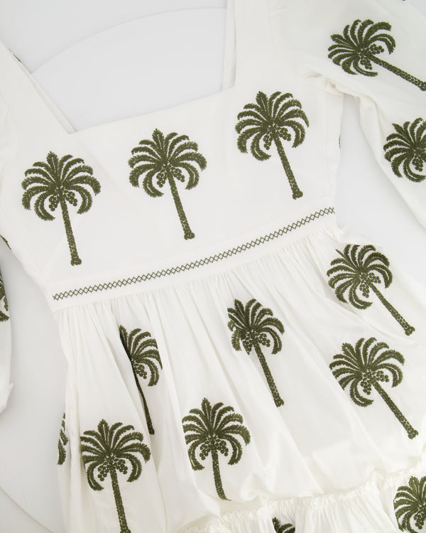 Agua Bendita White Palm-Tree Embroidered Linen Midi Dress Size IT 42 (UK 10)