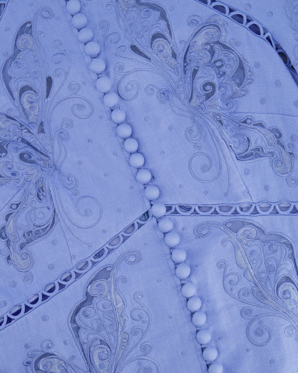 Zimmermann Blue Linen Crochet Long-Sleeve Dress with Button Details Size 2 (UK 12)