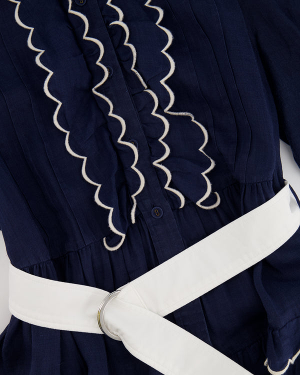 Zimmermann Navy Linen Maxi Dress with White Belt Detail Size 2 (UK 12)