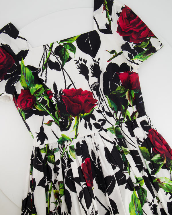 Dolce & Gabbana White and Black Rose Printed Mini Dress Size IT 44 (UK 12)
