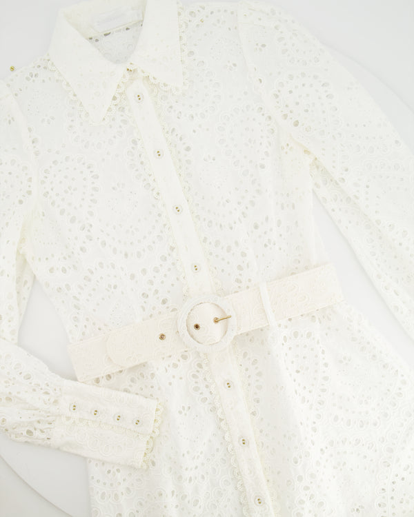 Zimmermann White Crochet Long-Sleeve Mini Dress with Belt Detail Size 2 (UK 12)