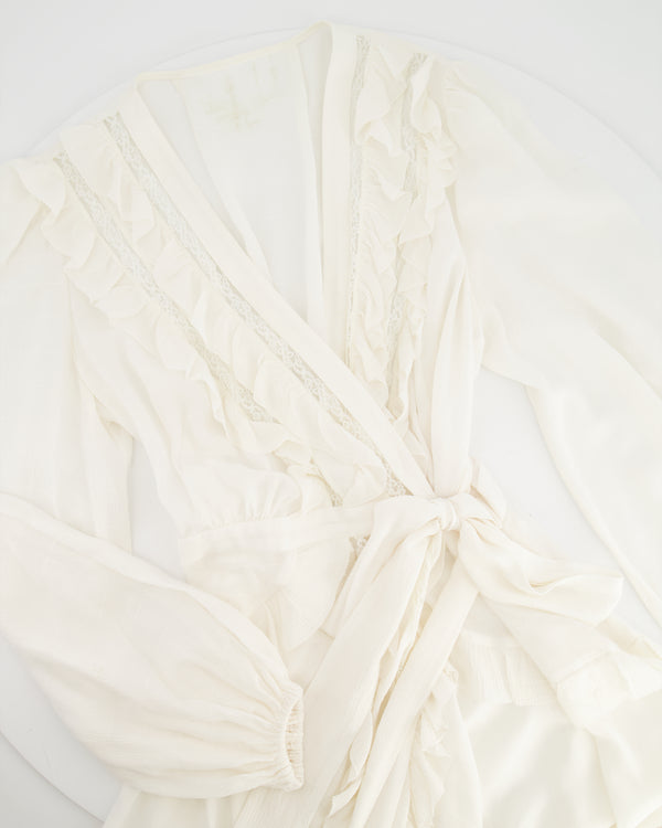 Zimmerman White Silk Long-Sleeve Mini Wrap Dress with Lace Details Size 2 (UK 12)
