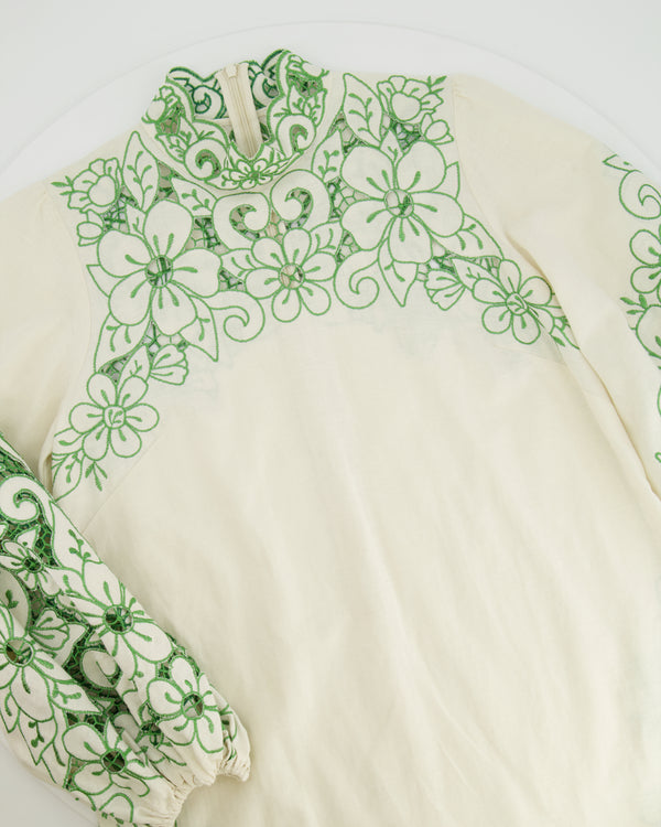 Zimmerman White and Green Floral Embroidered Linen Long-Sleeve Mini Dress Size 0 (UK 8)