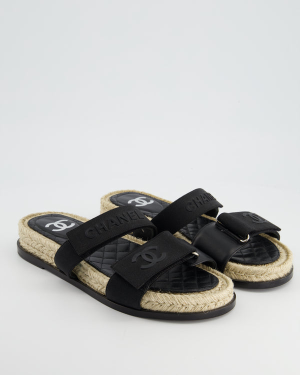 Chanel Black Raffia Dad Sandals with Velcro Straps & CC Logo Detail Size EU 41