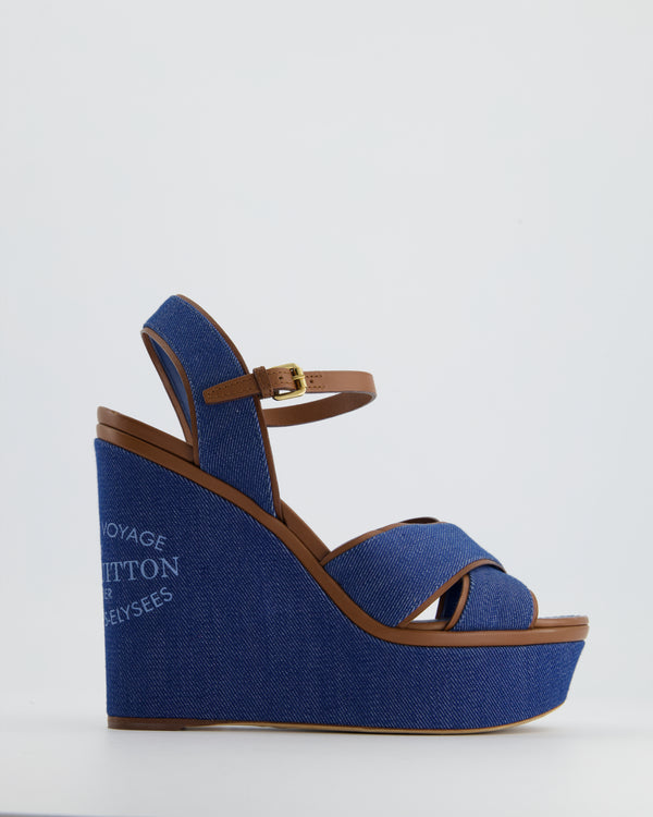 Louis Vuitton Blue Denim Open-Toe Wedges with Brown Leather Size EU 41