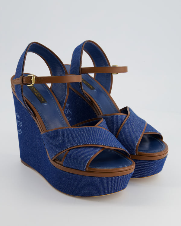 Louis Vuitton Blue Denim Open-Toe Wedges with Brown Leather Size EU 41