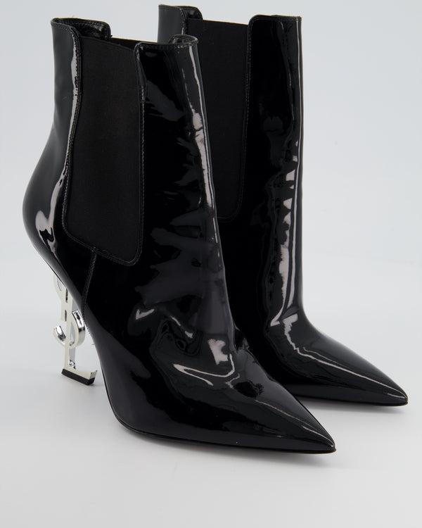 Saint Laurent Black Opyum Ankle Boots in Patent Leather with Silver YSL Logo Size EU 41