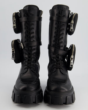 Prada Black Leather Lace Up Moonlith Pouch-Detail Combat High Boots Size EU 41 RRP £1,780