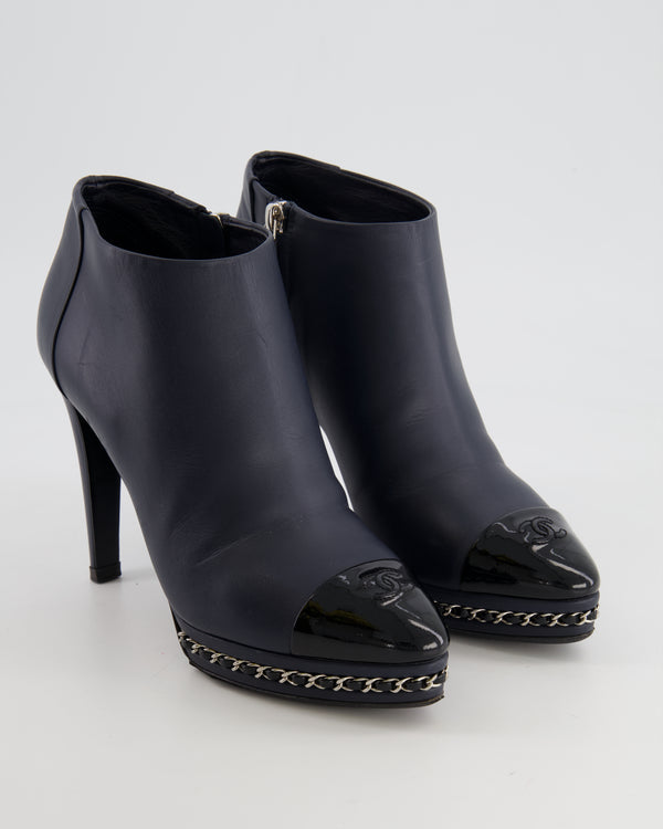 Chanel Navy and Black Ankle Heeled Boots with CC Logo Detail Size 39