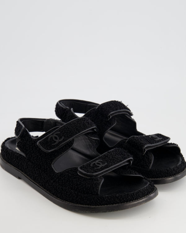 Chanel Black Tweed Dad Sandals with Black CC Logo Details Size 40C