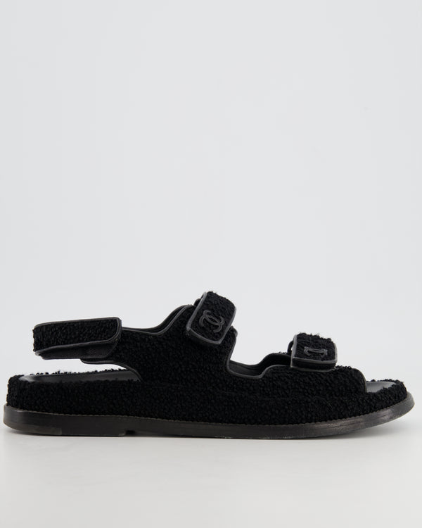 Chanel Black Tweed Dad Sandals with Black CC Logo Details Size 40C