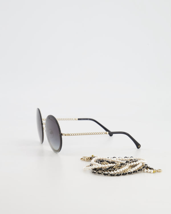 *HOT* Chanel Gradient Round Sunglasses with Gold &amp; Pearl CC Logo Chain