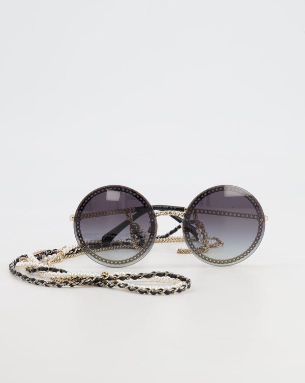 *HOT* Chanel Gradient Round Sunglasses with Gold &amp; Pearl CC Logo Chain