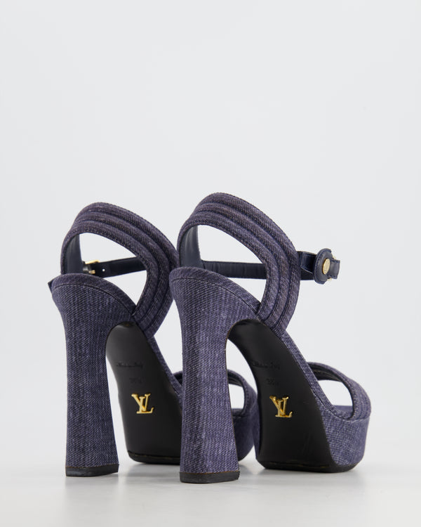Louis Vuitton Blue Denim Sandal Heels with LV Gold Ankle-Strap Detail Size EU 38.5