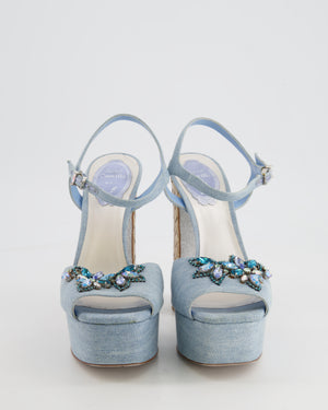 Rene Caovilla Blue Denim Sandal Heels with Crystal Embellishments Size EU 38.5