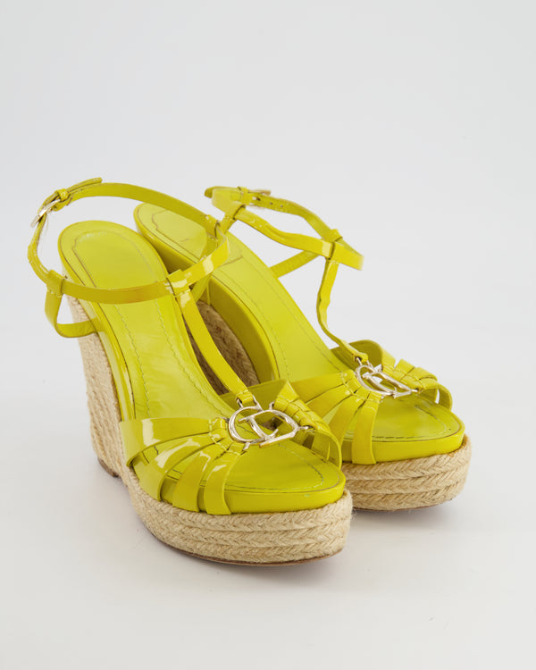 Christian Dior Yellow Patent Espadrilles Heels with Silver CD Logo Detail Size EU 39