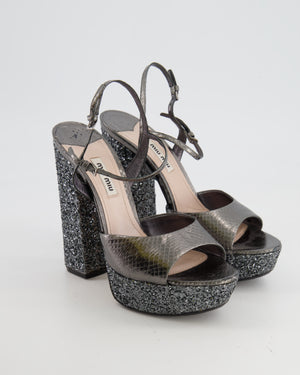 Miu Miu Silver Python-Effect Sandal Heels with Glitter Details Size EU 38.5