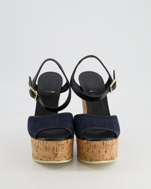 Fendi Navy Denim Sandals with Cork Wedge Heel Size EU 38