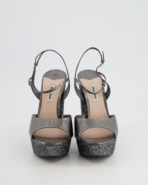 Miu Miu Silver Python-Effect Sandal Heels with Glitter Details Size EU 38.5