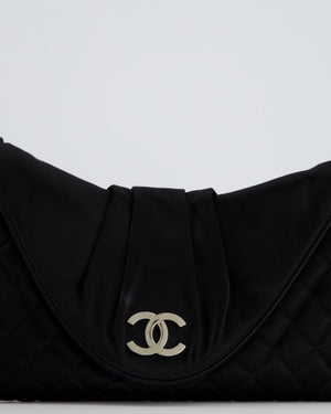 *FIRE PRICE* Chanel Black Large Satin Quilted Half Moon Pouch Bag with Silver Hardware