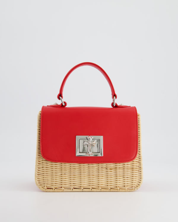 Chrome Hearts Red & Beige Top Handle Wicker Bag in Rattan and Leather with 925 Silver Hardware