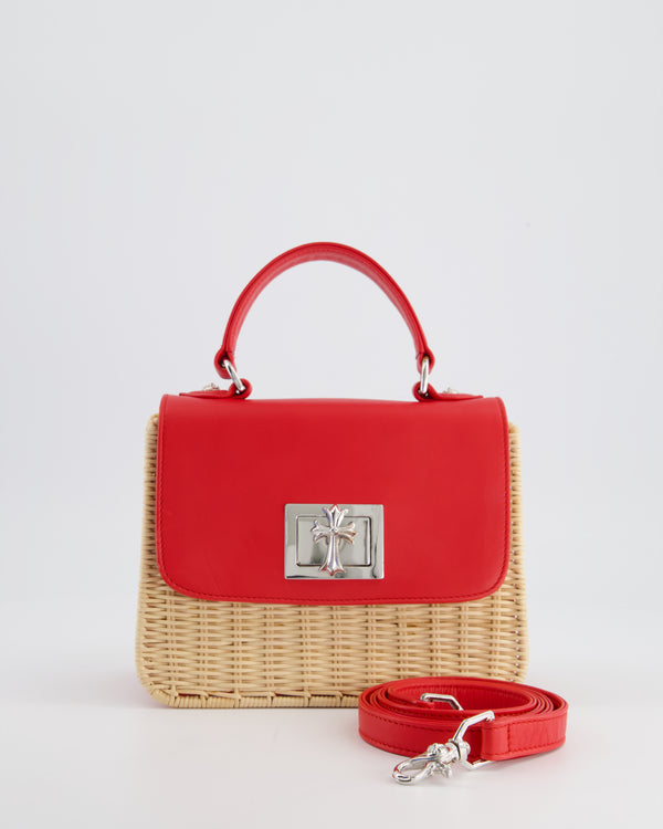Chrome Hearts Red & Beige Top Handle Wicker Bag in Rattan and Leather with 925 Silver Hardware